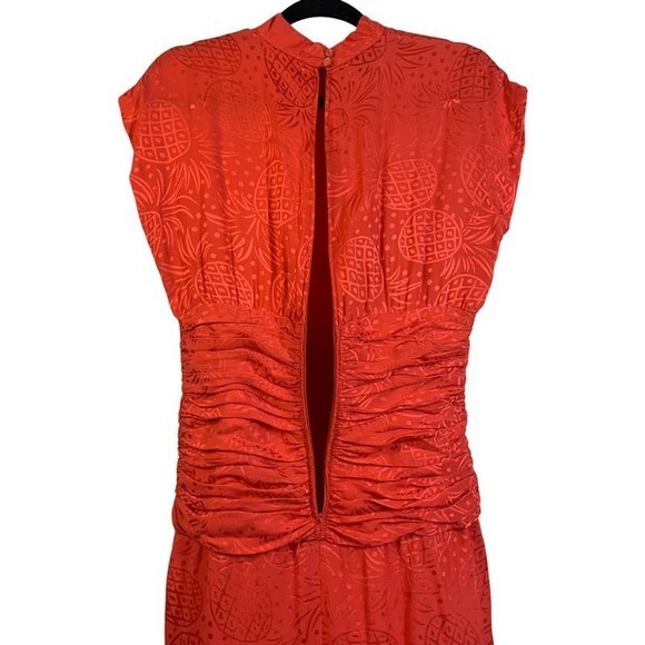 LIZ CLAIBORNE Vintage Red Silk Pineapple Print Ruched Midi Dress - Picture 9 of 14